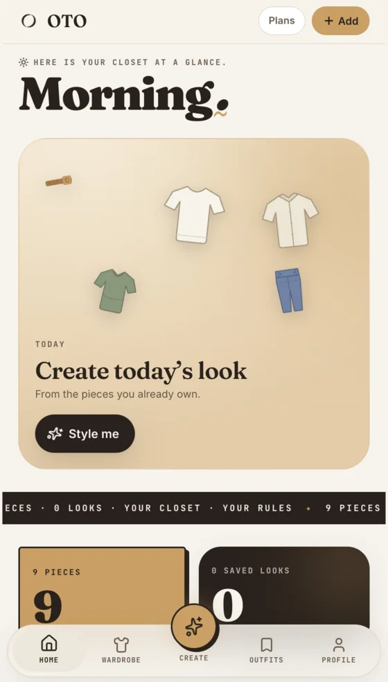 The OTO home screen: today's look, your pieces and your saved looks