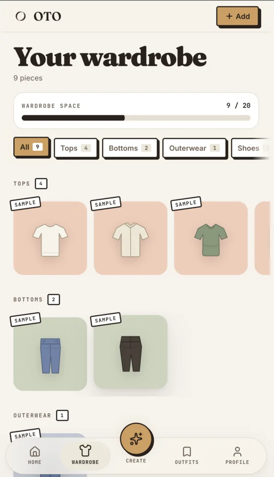 The OTO wardrobe, sorted into tops, bottoms, outerwear, shoes and accessories